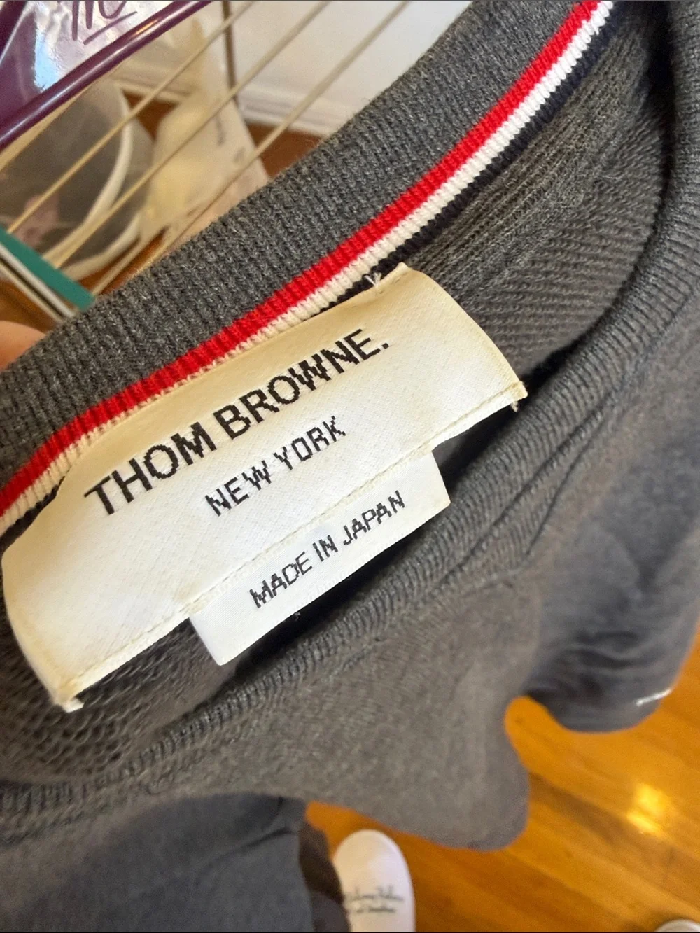 Thom Browne Charcoal Gray Crewneck Sweatshirt with White Sleeve Stripes